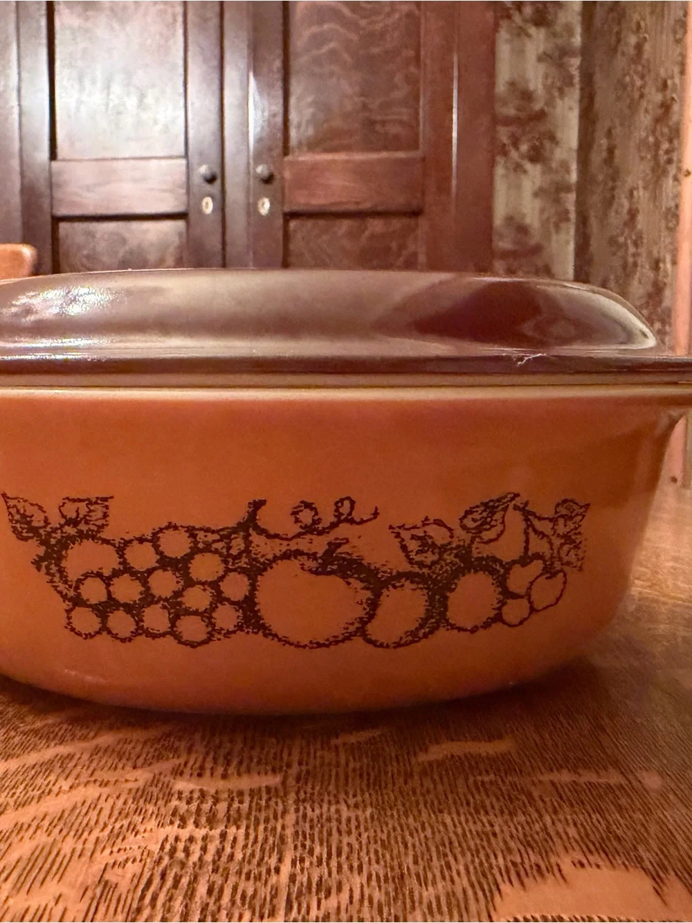 Vintage Brown Covered Casserole Dish with Fruit Motif - Brown
